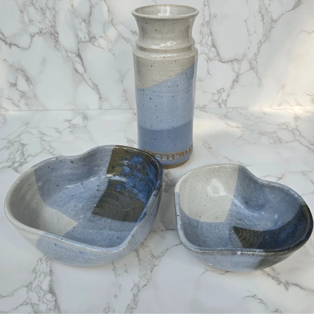 Studio Pottery Blue Glazed Vase and Heart Bowls Set Signed Artisan Stoneware